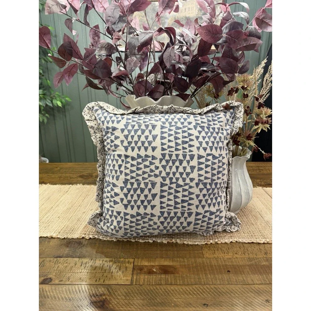 Square Bird in Nature Pillow Printed Reverse and Ruffle Trim neutral Threshold